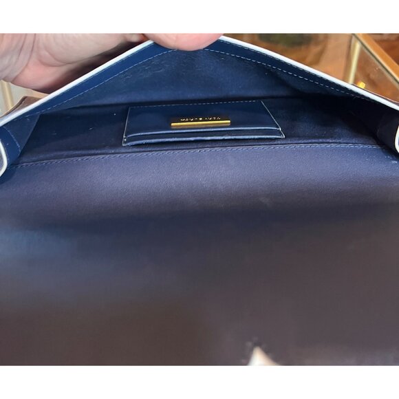 Beautiful Authentic Tory Burch Navy Blue and White Leather Serif Clutch